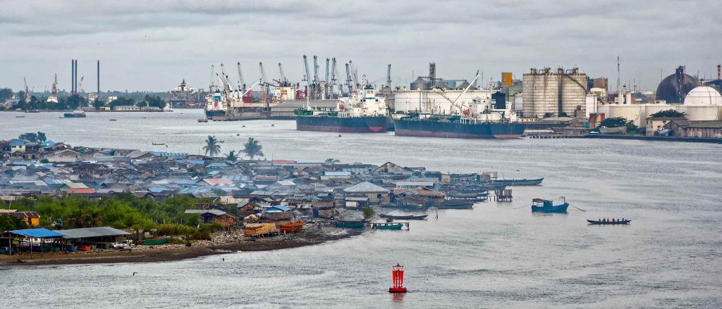 View of Lagos harbour across the lagoon, Nigeria's capital market and NGX stock exchange moving to T+1 post trade clearing and settlement.