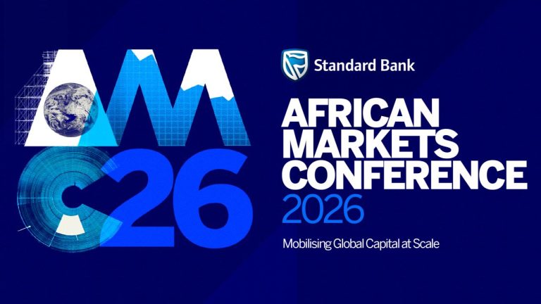Banner for conference, blue. Standard Bank conference to encourage deepening Africa's capital markets.