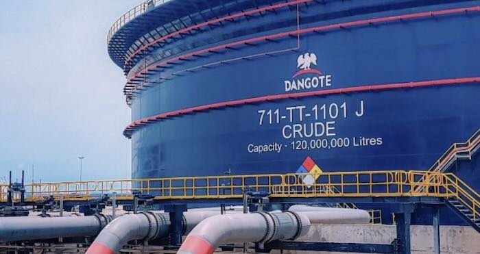 A fuel tank at the Dangote oil refinery near Lagos, Nigeria, Illustrates story on $5bn IPO capital raise by offering shares on Nigerian Exchange (NGX)