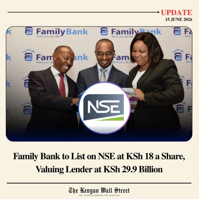 two men and a woman in business dress celebrating Family Bank listing on the NSE