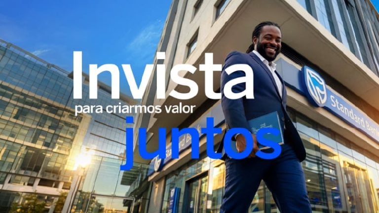Man in suit in front of bank headquarters building. Illustrates the IPO and listing of Standard Bank Angola