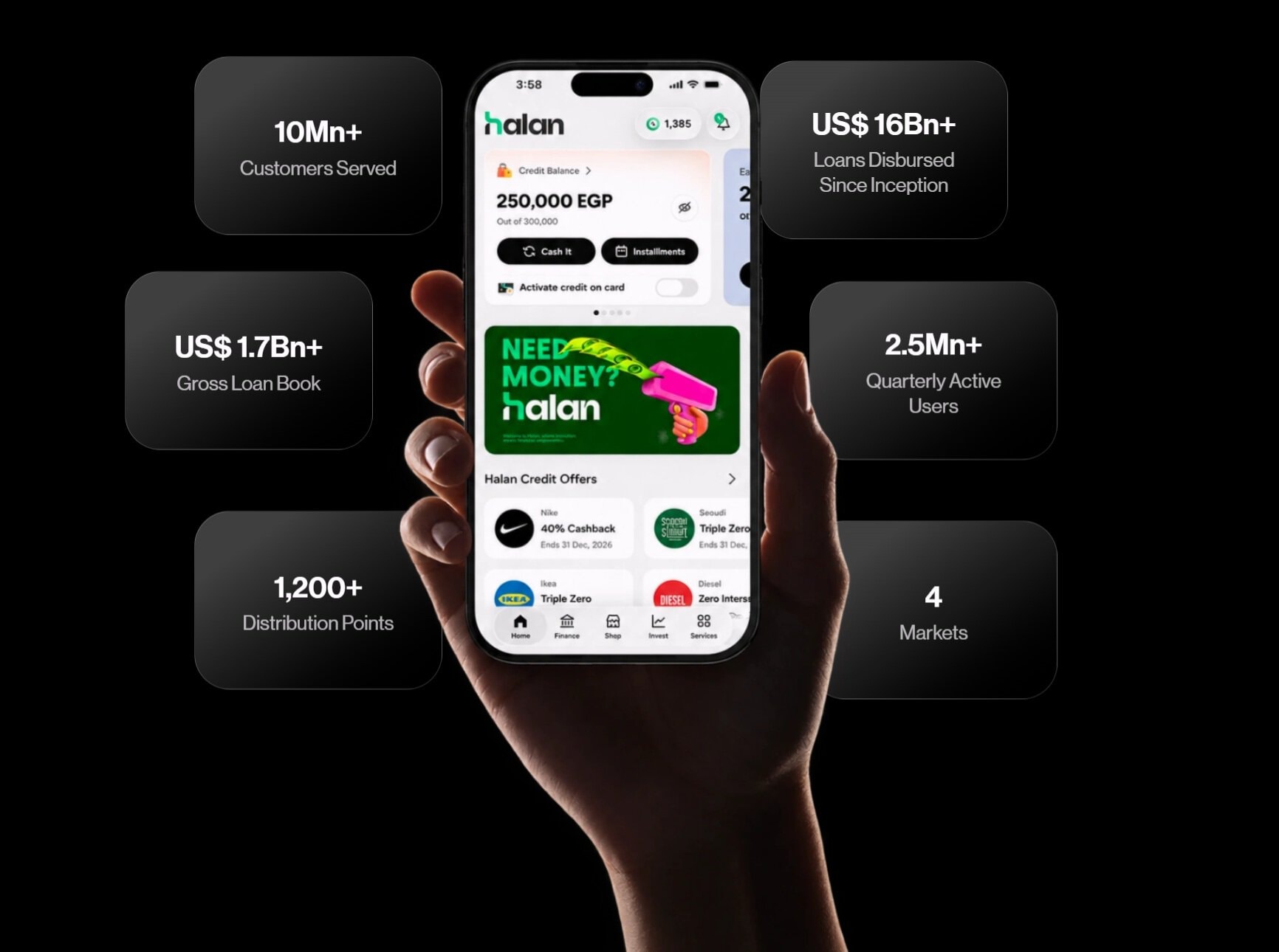 Graphic of a hand holding a phone with a financial app, illustrates story of securities listing IPO on the Egyptian Exchange