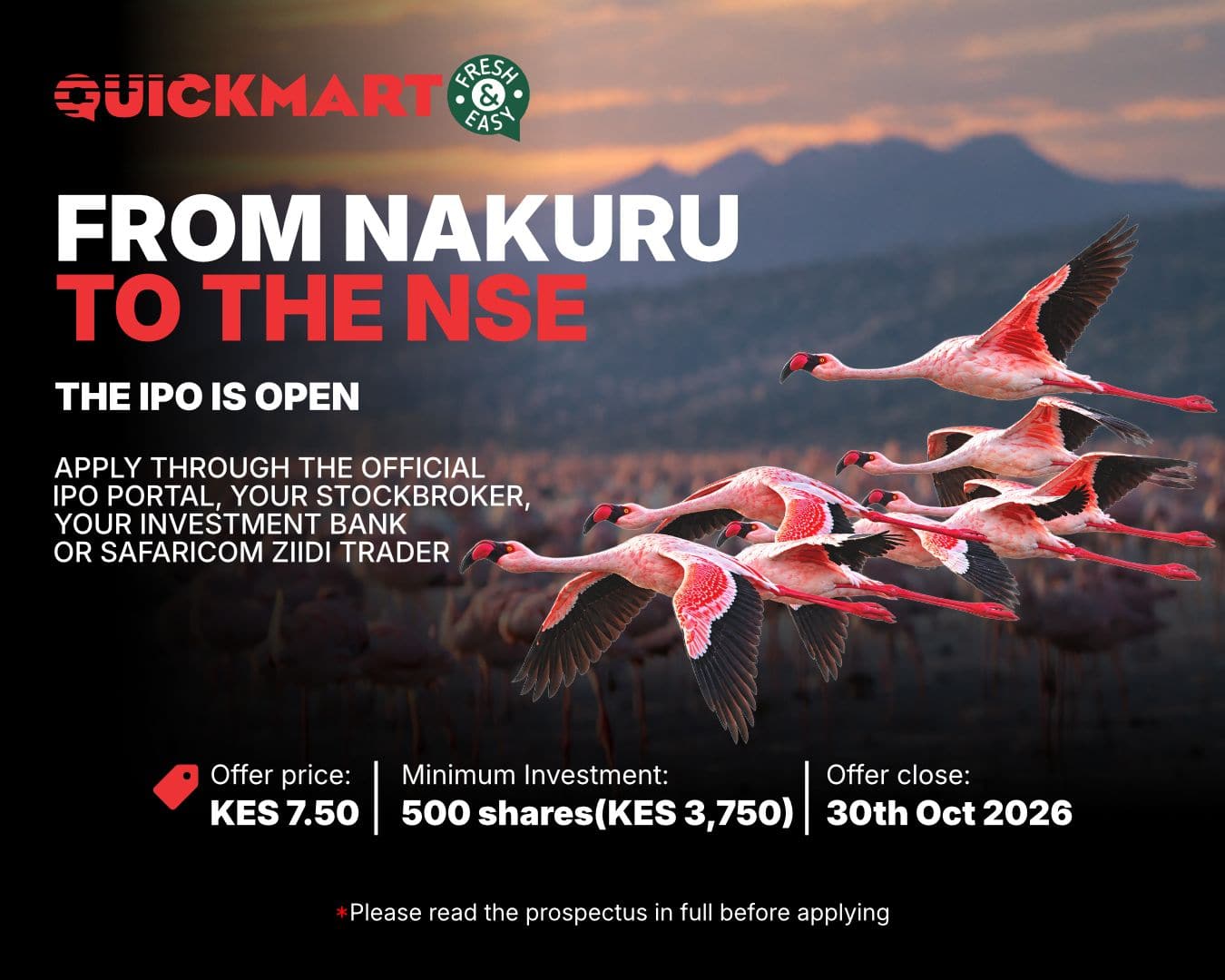 Poster showing flamingos flying over mountains illustrates IPO of grocery and store chain Quickmart on the Nairobi Securities Exchange.